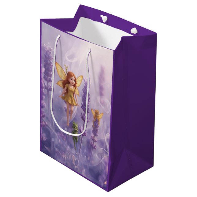 Sac Cadeau Moyen Caprice Parmi les Fleurs Violettes (Devant Angle)