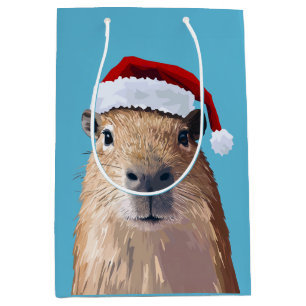 Sac Cadeau Moyen Capybara de fête à Santa Hat