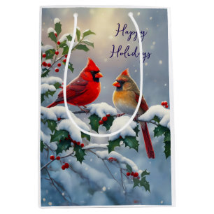 Sac Cadeau Moyen Cardinaux rouges et Holly en neige