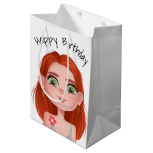 Sac Cadeau Moyen Caricature Anniversaire Fille à tête rouge sur bla