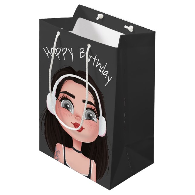 Sac Cadeau Moyen Caricature Anniversaire Fille Avec Casque (Devant Angle)