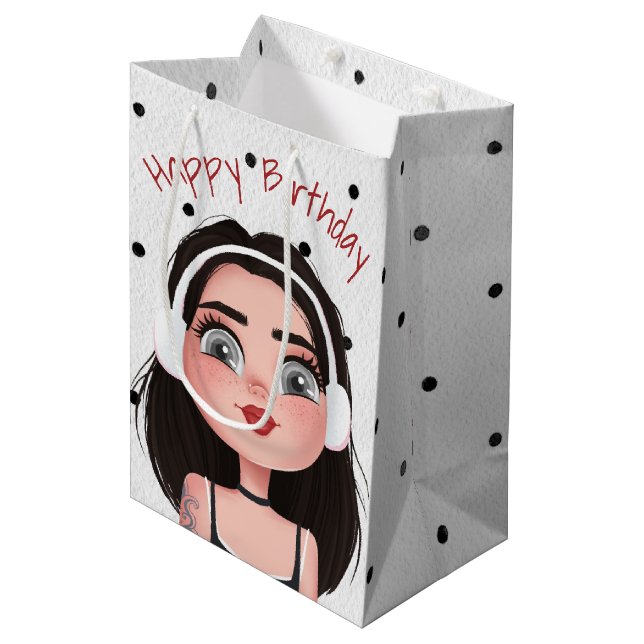 Sac Cadeau Moyen Caricature Anniversaire Fille Avec Casque (Devant Angle)