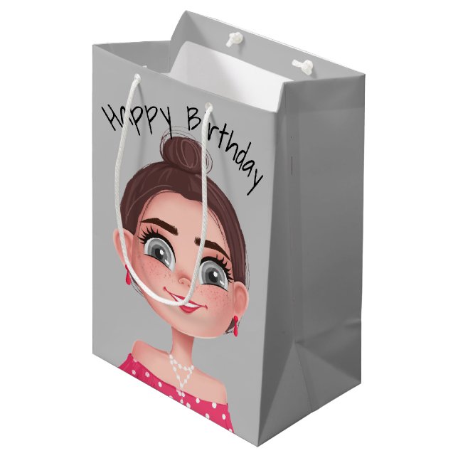 Sac Cadeau Moyen Caricature Anniversaire Fille Sur Grey (Devant Angle)