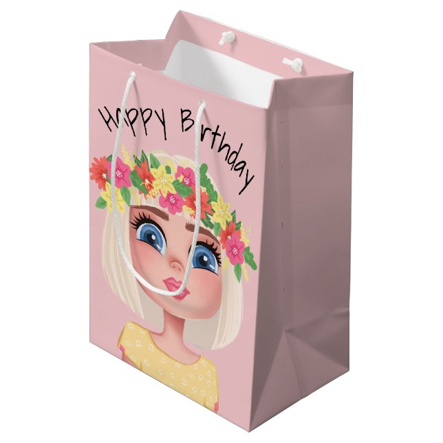Sac Cadeau Moyen Caricature Anniversaire Fille sur rose (Devant Angle)