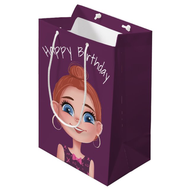 Sac Cadeau Moyen Caricature Anniversaire Fille sur violet (Devant Angle)