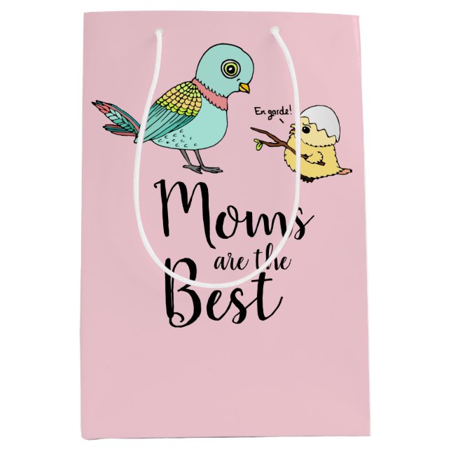 Sac Cadeau Moyen Caricature d'oiseau rose mignonne Meilleure maman  (Devant)