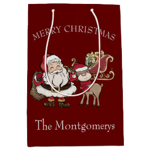 Sac Cadeau Moyen Caricature Père Noël et Rudolph le renne sur la Bo