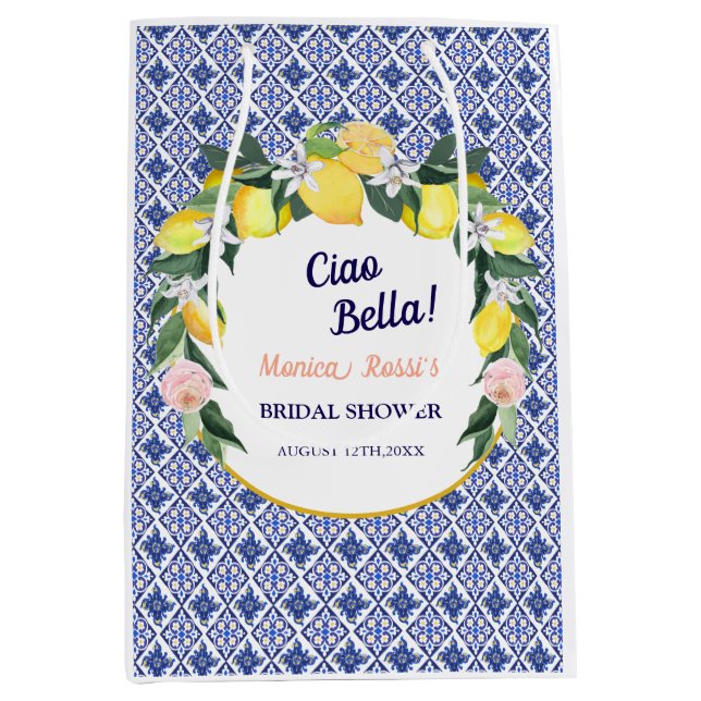 Sac Cadeau Moyen Carreaux italiens bleus Citrons Ciao Bella Récepti (Devant)
