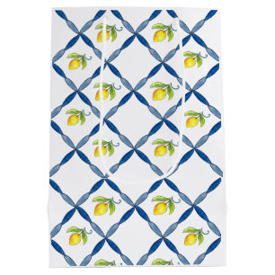 Sac Cadeau Moyen Carrelage bleu et blanc avec citrons