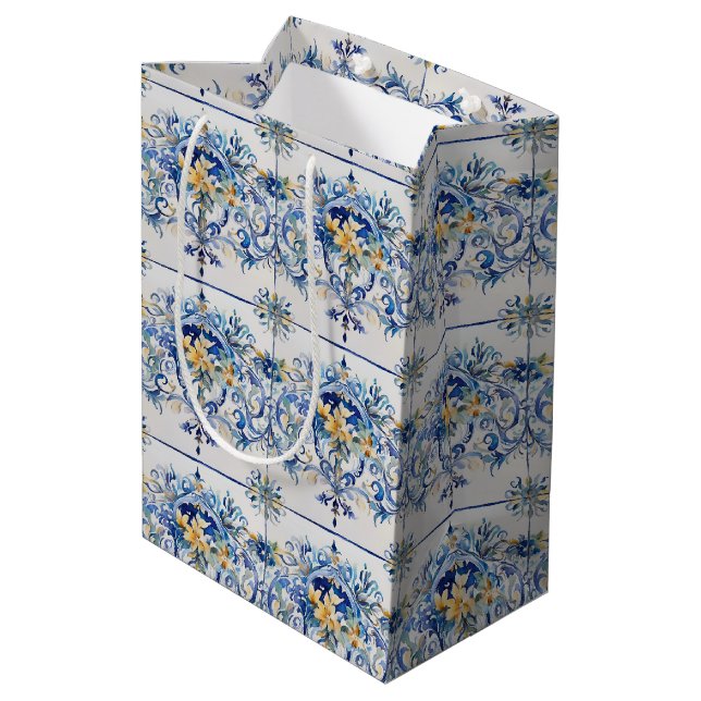 Sac Cadeau Moyen Carrelage italien Fête des mariées florale bleu et (Dos Angle)