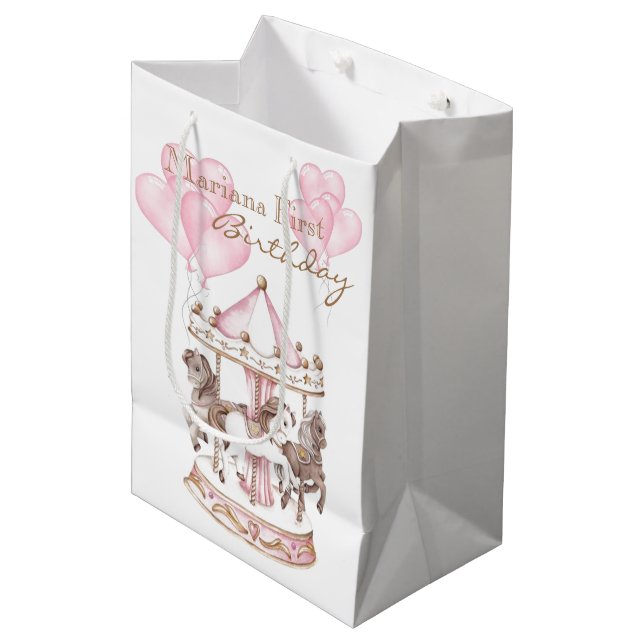 Sac Cadeau Moyen Carrousel rose Unicorne premier anniversaire (Devant Angle)