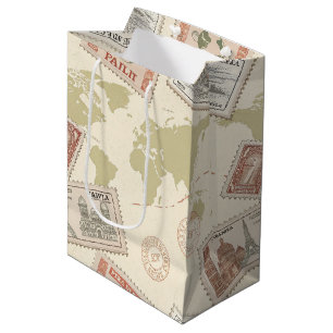 Sac Cadeau Moyen Carte du monde de timbres-poste vintage Voyage (1)