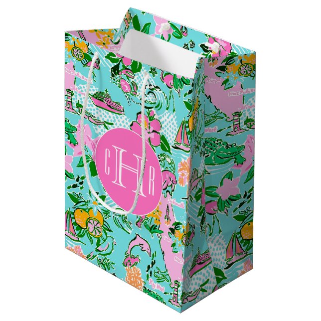 Sac Cadeau Moyen Carte Floride Preppy Palm Beach Motif Monogrammé (Devant Angle)
