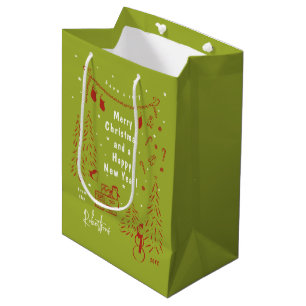 Sac Cadeau Moyen Carte postale de scène de Noël fantaisiste rouge e
