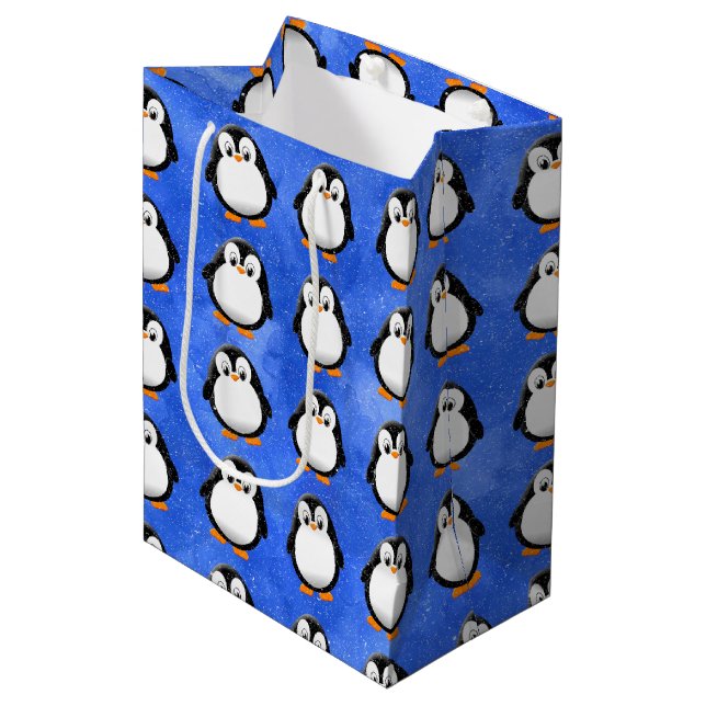 Sac Cadeau Moyen Carton en pingouin sur mesure Aquarelle bleue (Devant Angle)