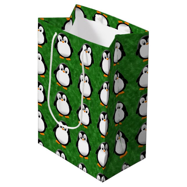 Sac Cadeau Moyen Carton en pingouin sur mesure Aquarelle verte (Devant Angle)