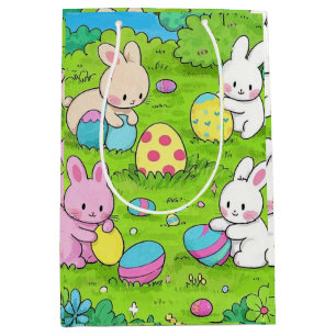 Sac Cadeau Moyen Cartoon lapins de Pâques et oeufs colorés