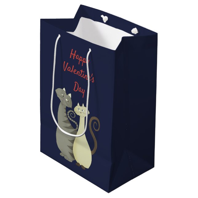 Sac Cadeau Moyen Cat Love Couple Marine et Heureuse Sainte-Valentin (Devant Angle)
