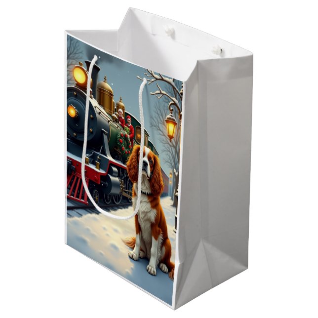 Sac Cadeau Moyen Cavalier King Charles Spaniel Train de Noël (Devant Angle)