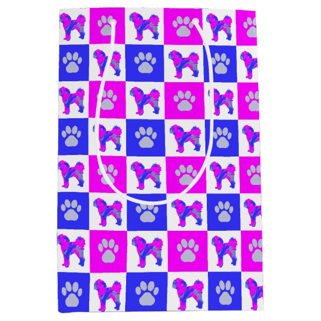 Sac Cadeau Moyen Cavapoo Chien & Patte Rose Chaud & Bleu (Devant)
