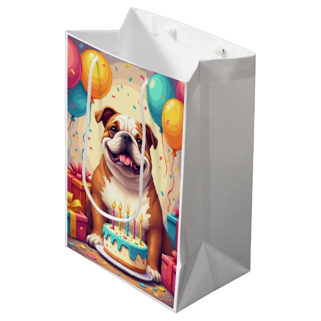 Sac Cadeau Moyen Célébration d'anniversaire de Bouledogue (Devant Angle)