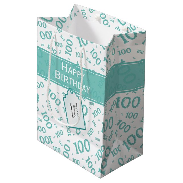 Sac Cadeau Moyen Centenarian 100e Turquoise Motif de nombre aléatoi (Devant Angle)