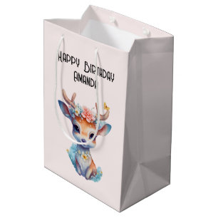 Sac Cadeau Moyen Cerf de Bébé mignon avec Antlers et Fleurs Anniver