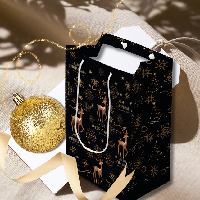 Sac Cadeau Moyen Cerf noir et or élégant Noël personnalisé (Elegant Black & Gold Deer Custom Christmas Medium Gift Bag)