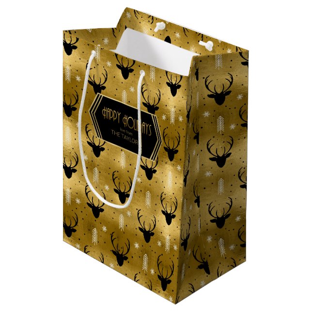 Sac Cadeau Moyen Cerfs Antlers Flèches Motif de Noël Gold ID861 (Devant Angle)