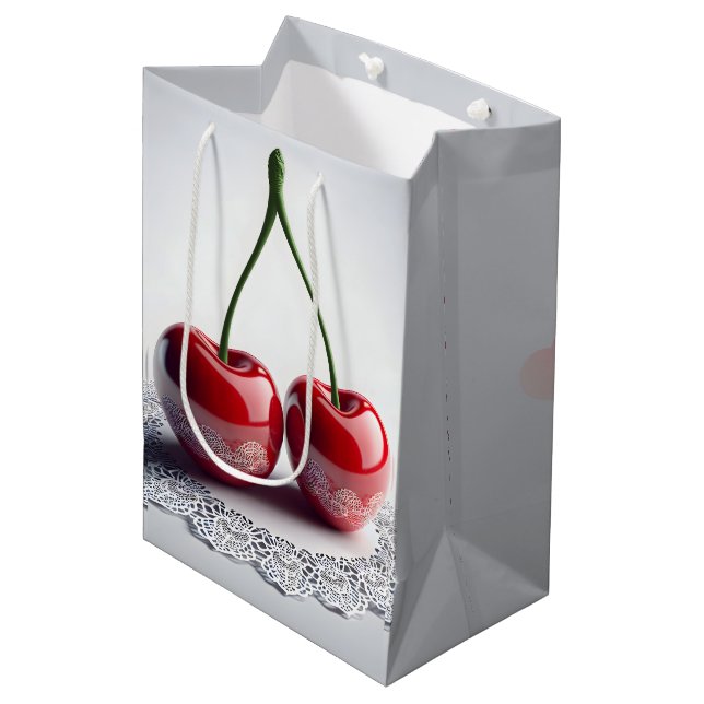 Sac Cadeau Moyen Cerises Maraschino Anniversaire Sur Dentelle (Devant Angle)