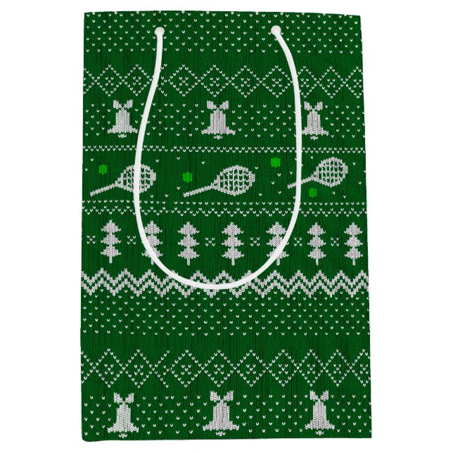 Sac Cadeau Moyen Chandail de Noël de tennis Motif tricoté vert (Devant)