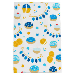Sac Cadeau Moyen Chanukah Dreidels Doughnut Gold Blue White