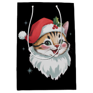 Sac Cadeau Moyen Chapeau de Santa rose rétro chaton mignon Noël