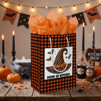 Sac Cadeau Moyen Chapeau de sorcière Halloween à carreaux orange et