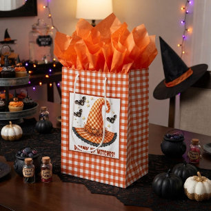 Sac Cadeau Moyen Chapeau de sorcière Halloween en vichy orange et c