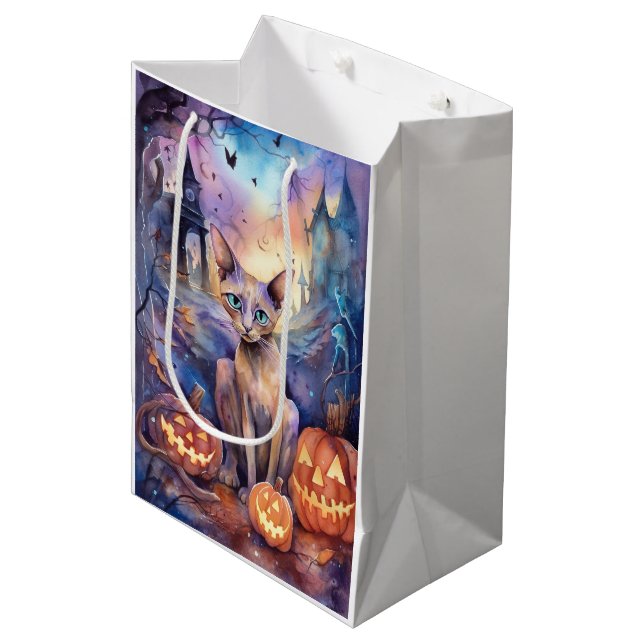 Sac Cadeau Moyen Chat Abyssinien Halloween avec Citrouilles (Devant Angle)