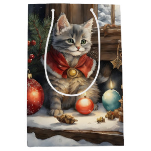 Sac Cadeau Moyen Chat adorable en cape rouge à Noël