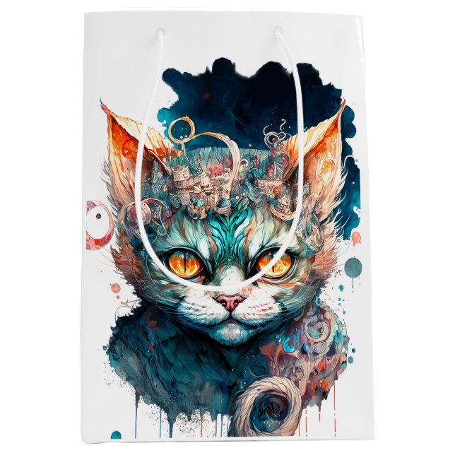 Sac Cadeau Moyen Chat aquarelle en style steampunk (Devant)