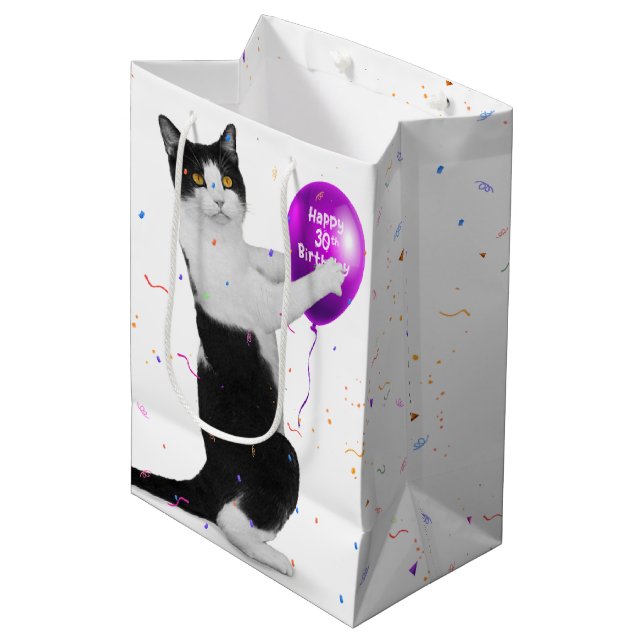 Sac Cadeau Moyen Chat avec ballon de 30e anniversaire (Devant Angle)