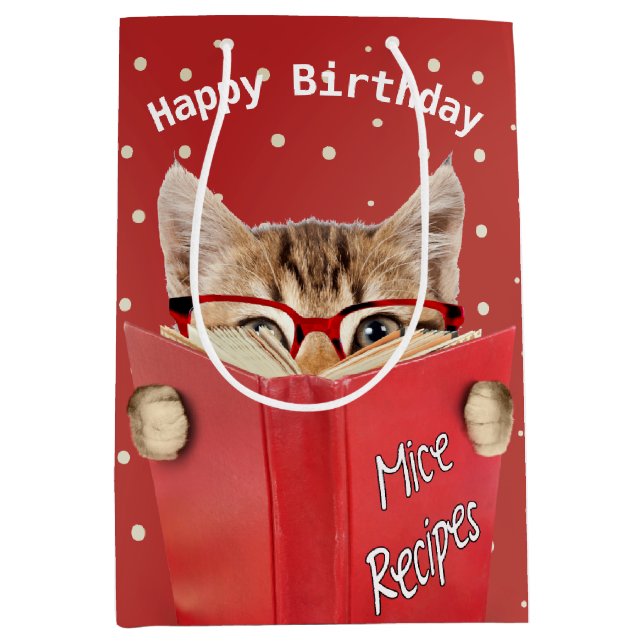 Sac Cadeau Moyen Chat avec lunettes et livre rouge Anniversaire (Devant)