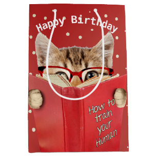 Sac Cadeau Moyen Chat avec lunettes et livre rouge Anniversaire