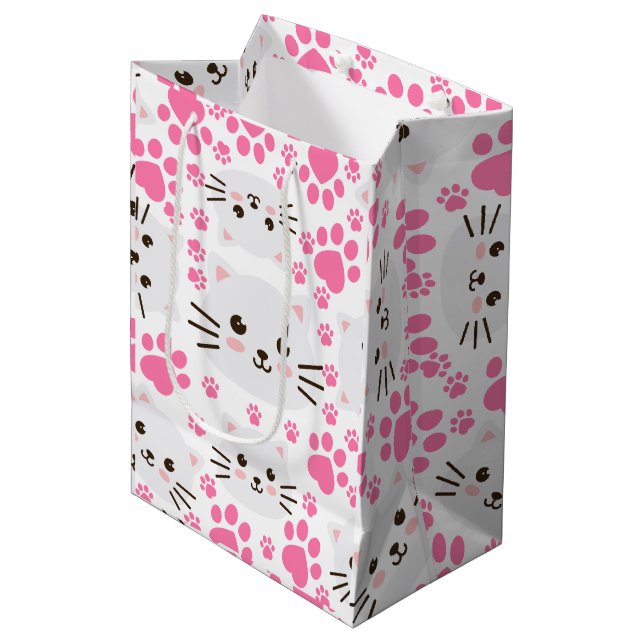 Sac Cadeau Moyen Chat blanc mignon et rose (Devant Angle)