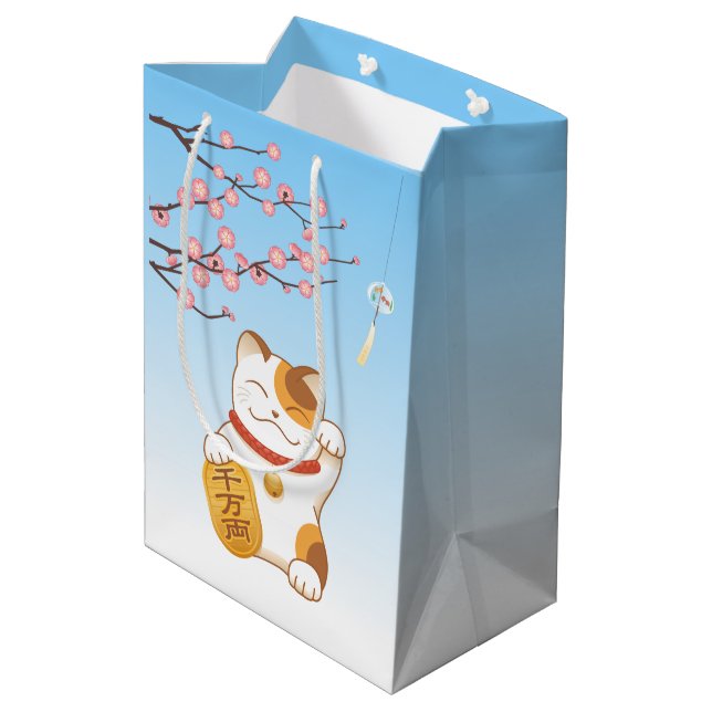 Sac Cadeau Moyen Chat chanceux japonais, Calico Maneki Neko (Dos Angle)