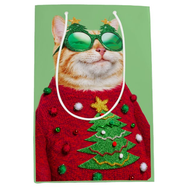 Sac Cadeau Moyen Chat dans un pull de Noël (Devant)