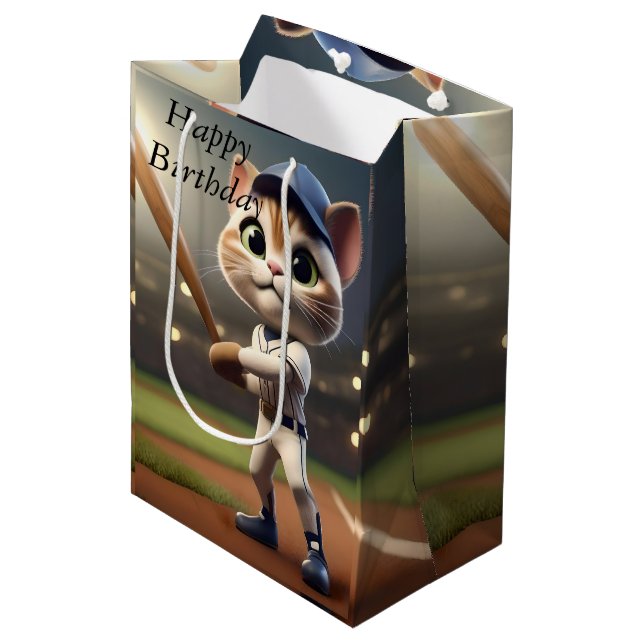 Sac Cadeau Moyen Chat de baseball 3D amusant, (Devant Angle)