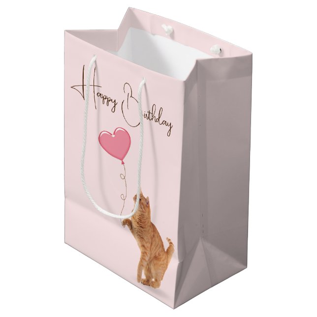 Sac Cadeau Moyen Chat De Gingembre Avec Balloon Coeur Rose (Devant Angle)