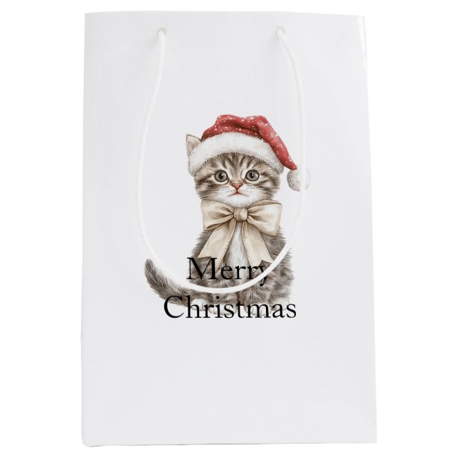 Sac Cadeau Moyen Chat de Noël avec un chapeau  (Devant)