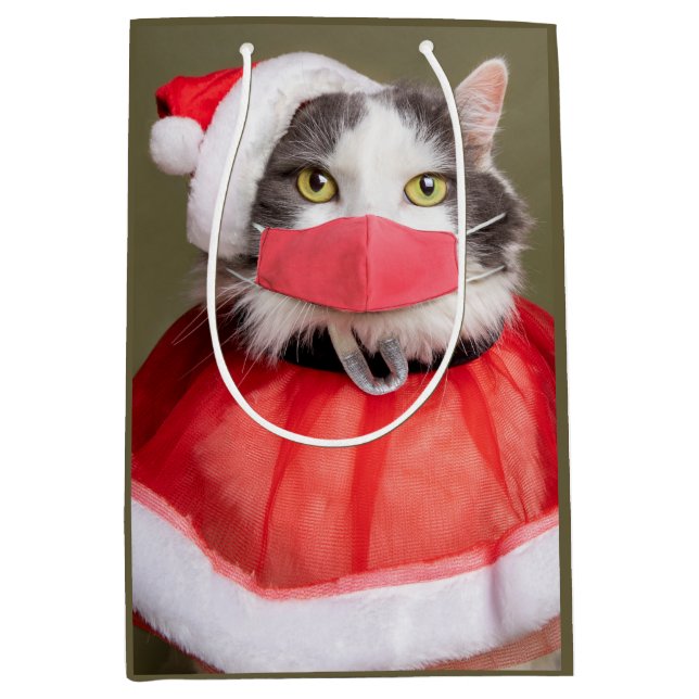 Sac Cadeau Moyen Chat de Noël en masque facial (Devant)