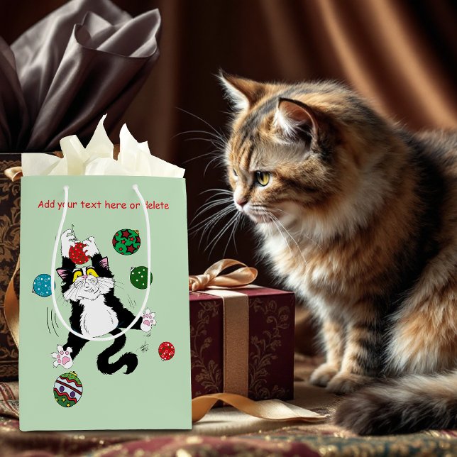 Sac Cadeau Moyen Chat de Noël noir blanc Tuxedo (Créateur téléchargé)