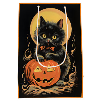 Sac Cadeau Moyen Chat d'Halloween vintage avec Citrouille